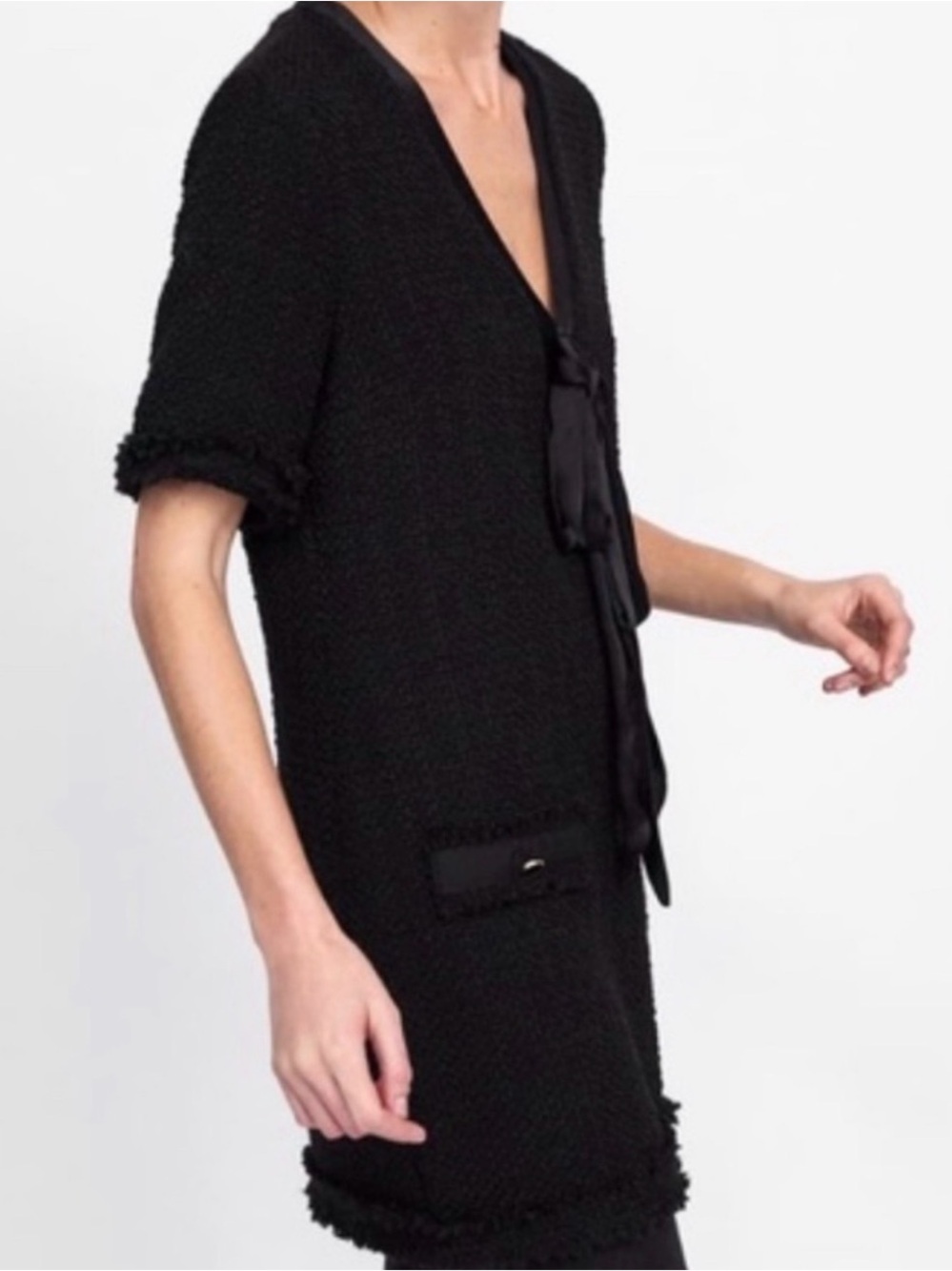 Zara Black Midi Tweed Tie-Front Dress